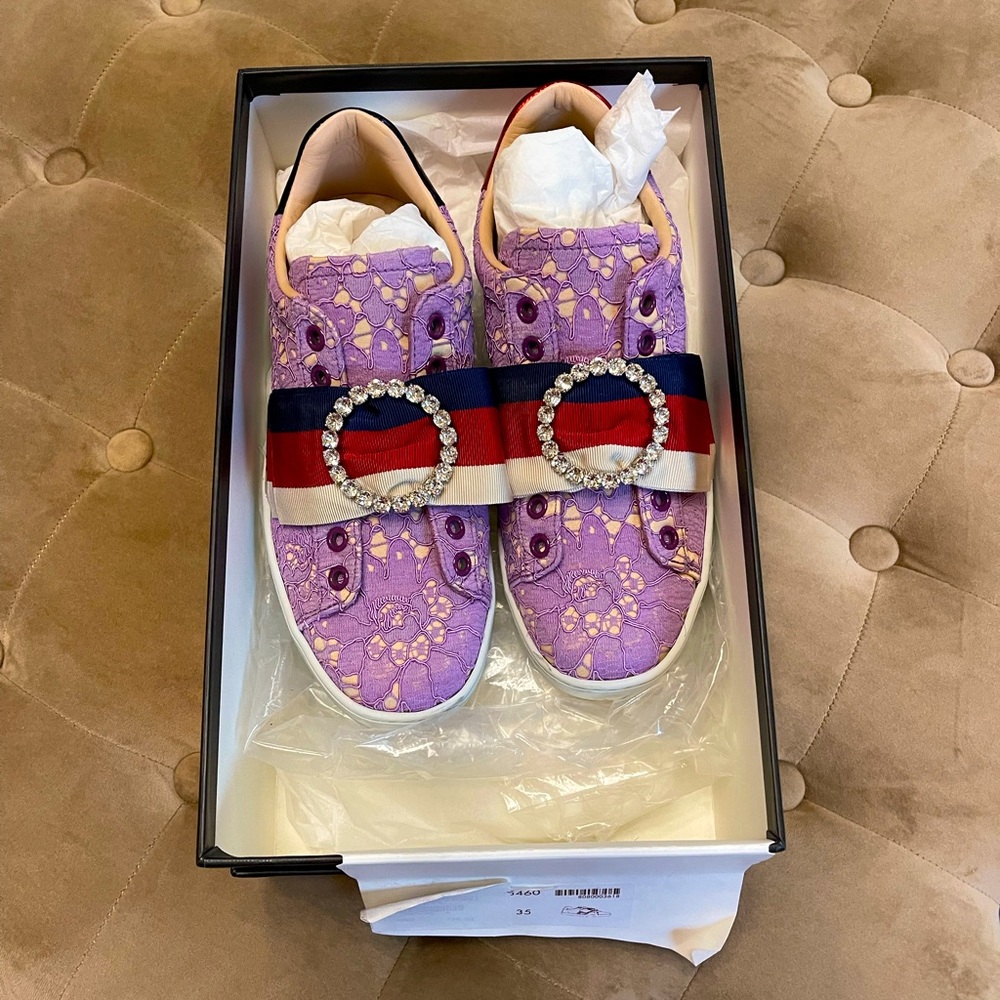Authentic Gucci Flowerleaf Embroidered Lace Sneaker with Crystal Embellishment